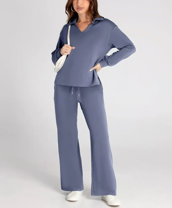 Dames Tweedelige Set met V-Hals Sweater en Wijde Broek – Comfort voor Herfst & Winter