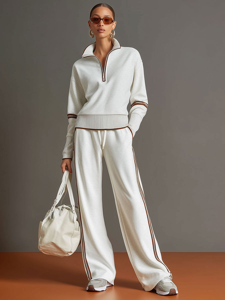 Dames Retro Sportieve Set met Half-Rits Sweater en Wijde Broek