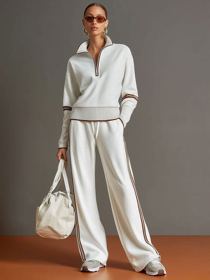 Dames Retro Sportieve Set met Half-Rits Sweater en Wijde Broek