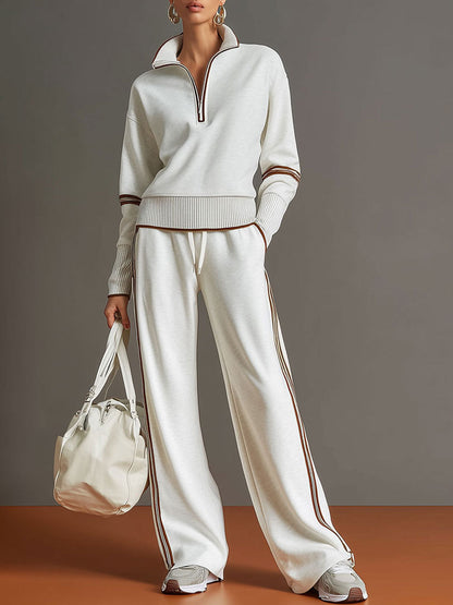 Dames Retro Sportieve Set met Half-Rits Sweater en Wijde Broek
