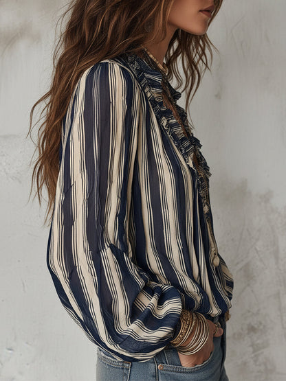Serena – Dames Chiffon Blouse met Strepen en Ruches