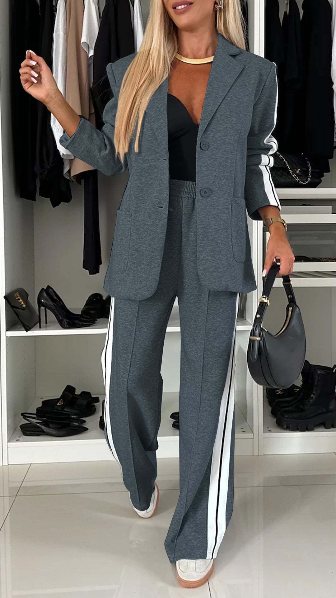 Dames Blazer Set Trendy Tweedelig met Streepjes Broek