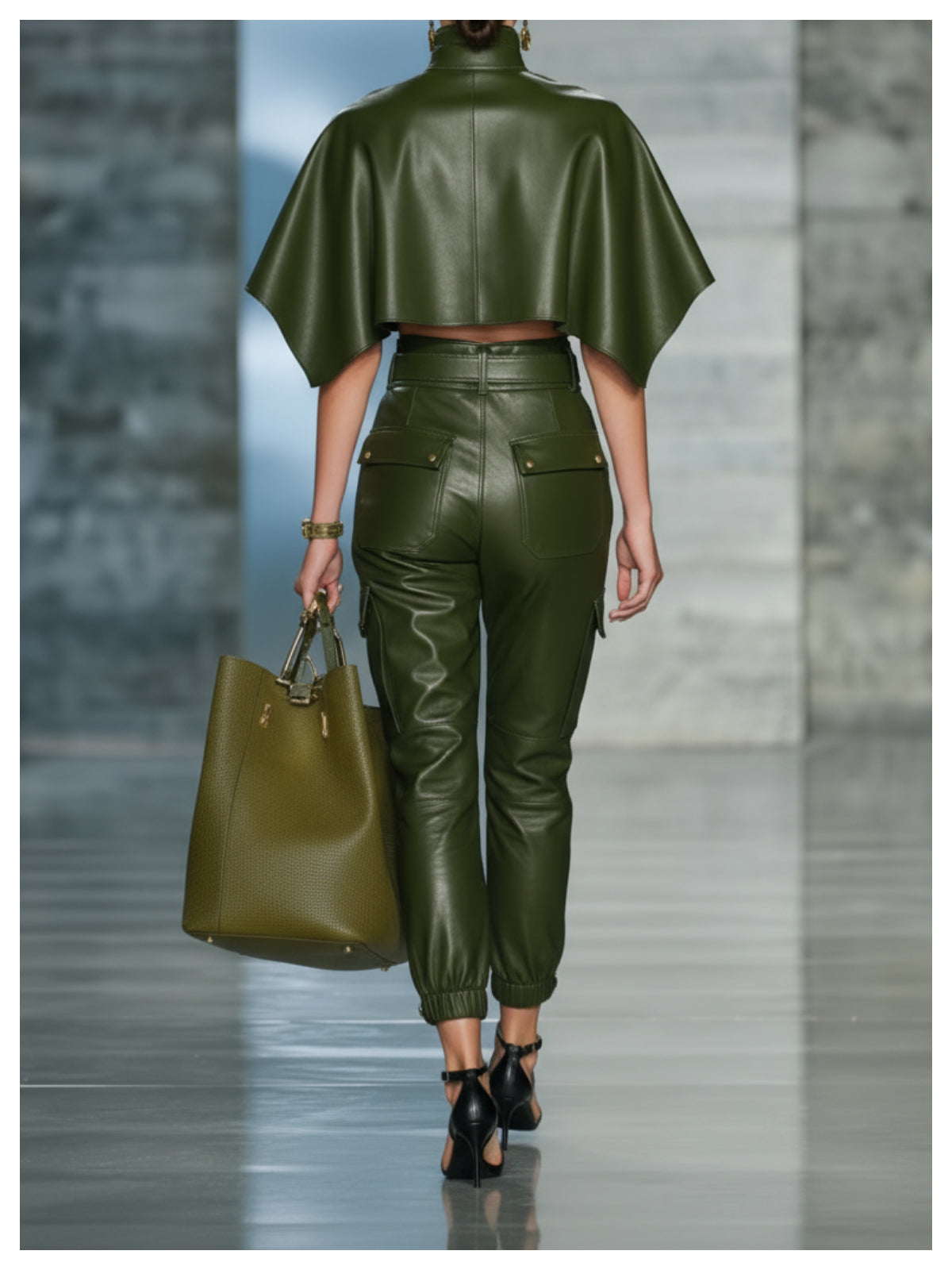 Dames Olijfgroene Faux Leather Set met Crop Top en Hoge Broek