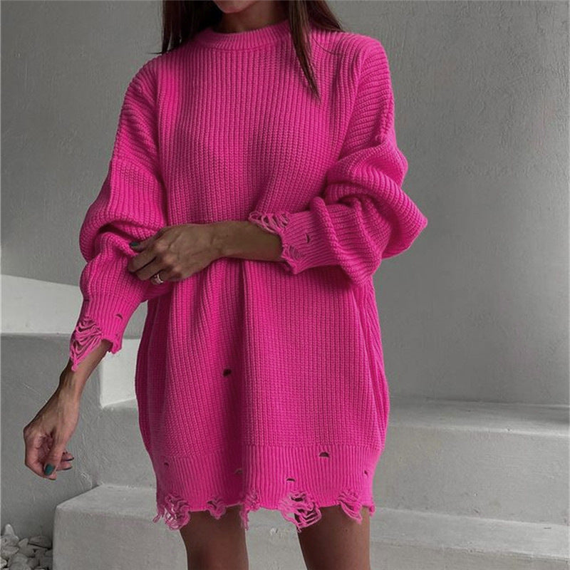 Dames Oversized Trui Ronde Hals met Destroyed Details Modieus