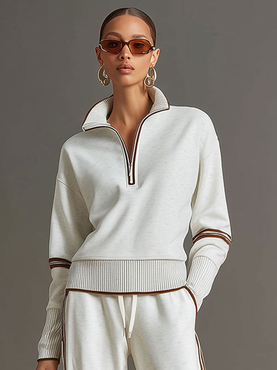 Dames Retro Sportieve Set met Half-Rits Sweater en Wijde Broek