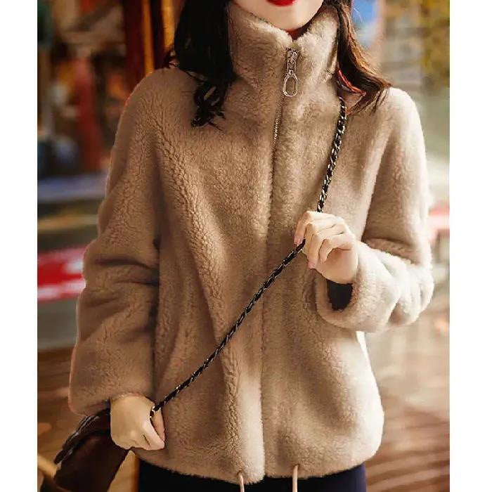 Dames Faux Fur Jas met Opstaande Kraag en Rits