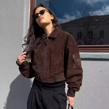 Dames Korte Suède Jas met Kraag Trendy Look