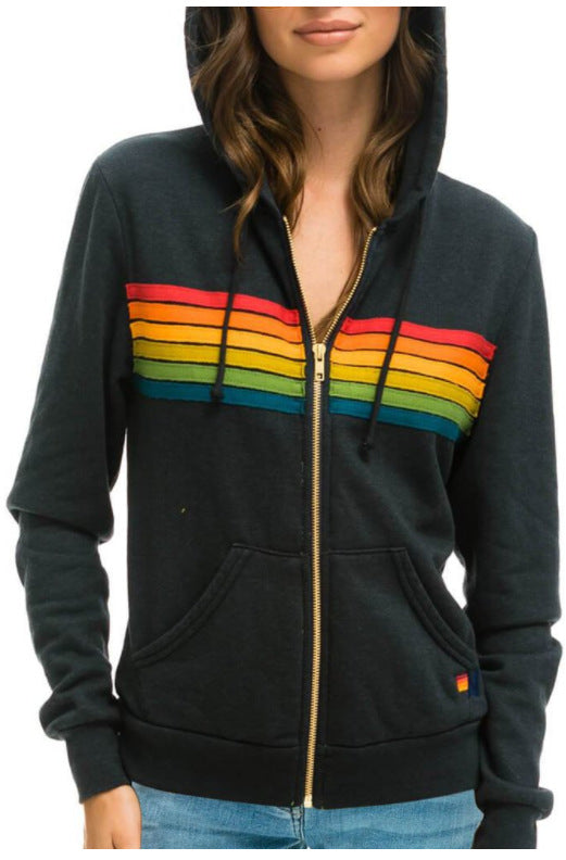 Dames Hoodie Vest Regenboog Strepen Capuchon Trendy