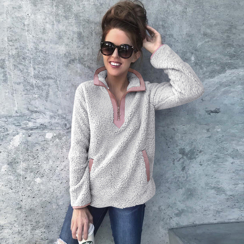 Dames Teddy Fleece Trui met Rits en Hoge Kraag Zwart
