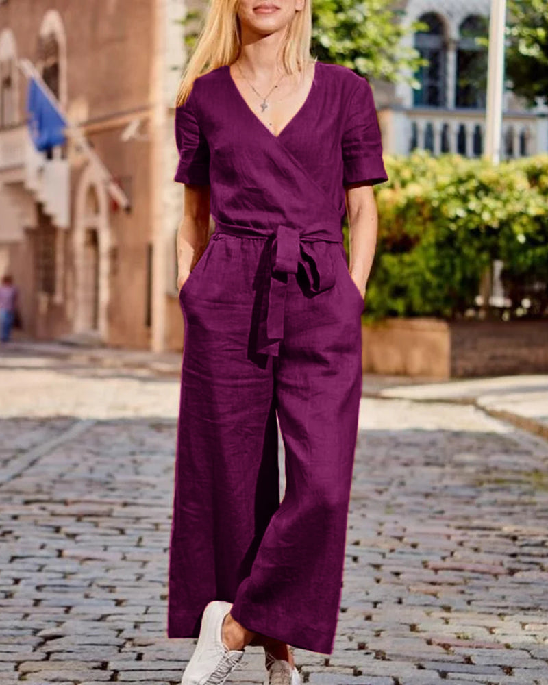 Vrouwelijke Jumpsuit Korte Mouwen Met Riem