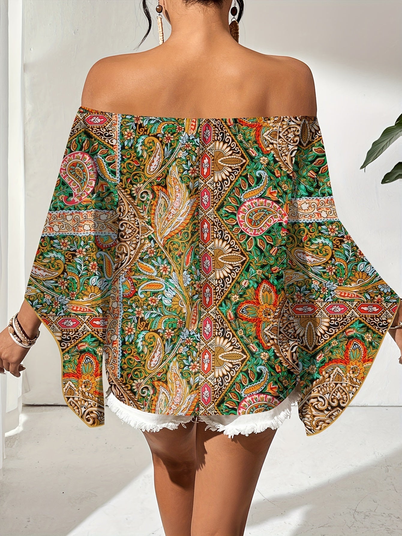 Vrouwelijke Blouse Off-Shoulder Geometrische Print