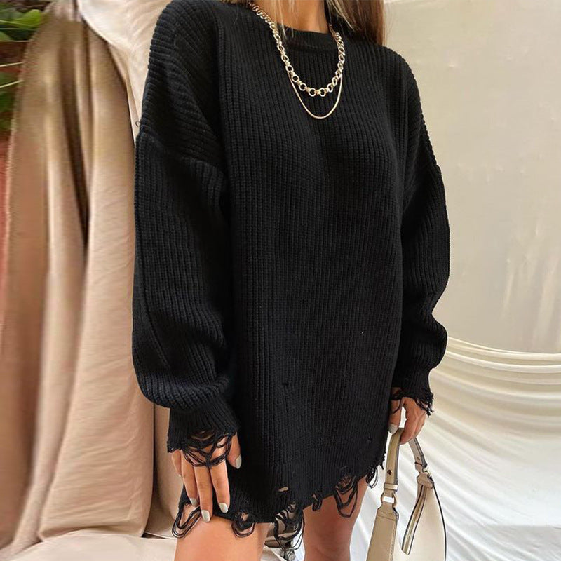 Dames Oversized Trui Ronde Hals met Destroyed Details Modieus