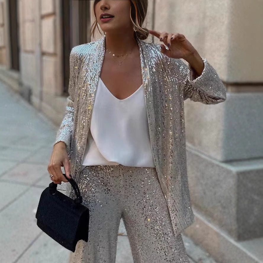 Dames Pailletten Set Feestelijk Tweedelig met Wijde Broek en Blazer