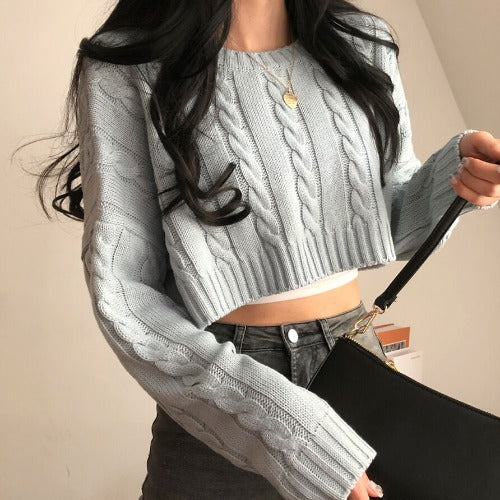 Dames Trui Cropped Kabelpatroon Ronde Hals Trendy