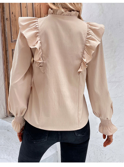Dames Blouse Beige met Ruches Stijlvol Romantisch