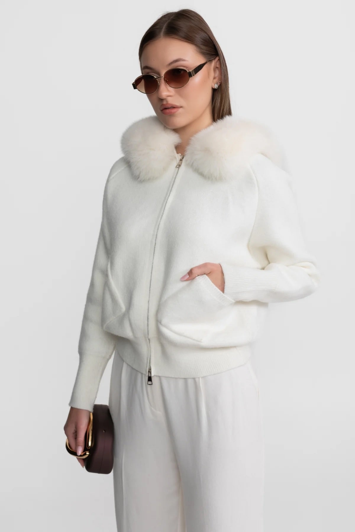 Dames Wollen Hoodie met Rits en Bontkraag – Ivoor