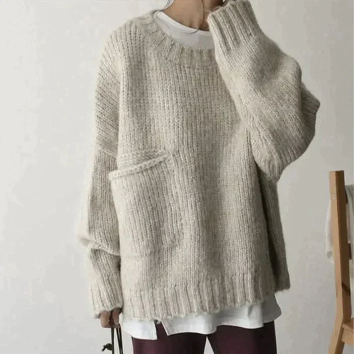 Oversized Trui Ivoor Kleur Met Voorzak - Mode Vibes