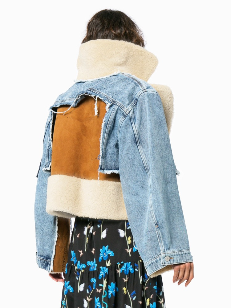Korte Denim Sherpa Jas met Unieke Stofcombinatie