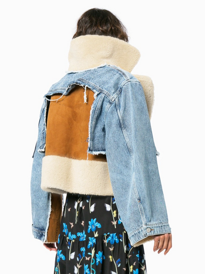Korte Denim Sherpa Jas met Unieke Stofcombinatie