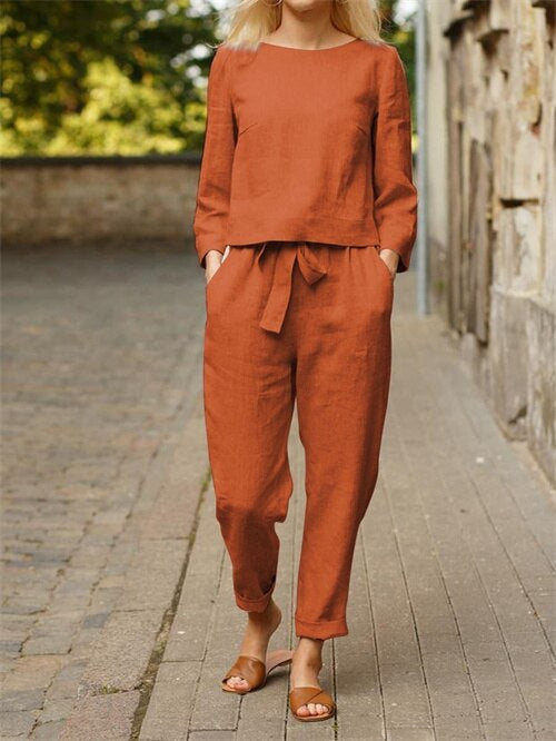 Damesoutfit 2-delig met ronde hals en elastische broek