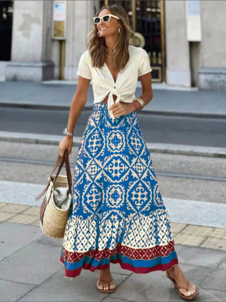 Retro Midi Rok met Ruches en Bloemenprint - Mode Vibes