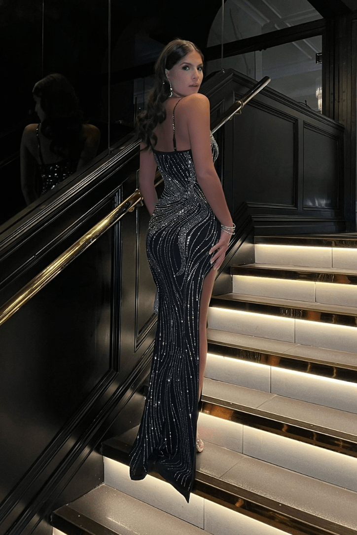 Avondjurk Zwart Strass Glamour Elegant Lange Mouw