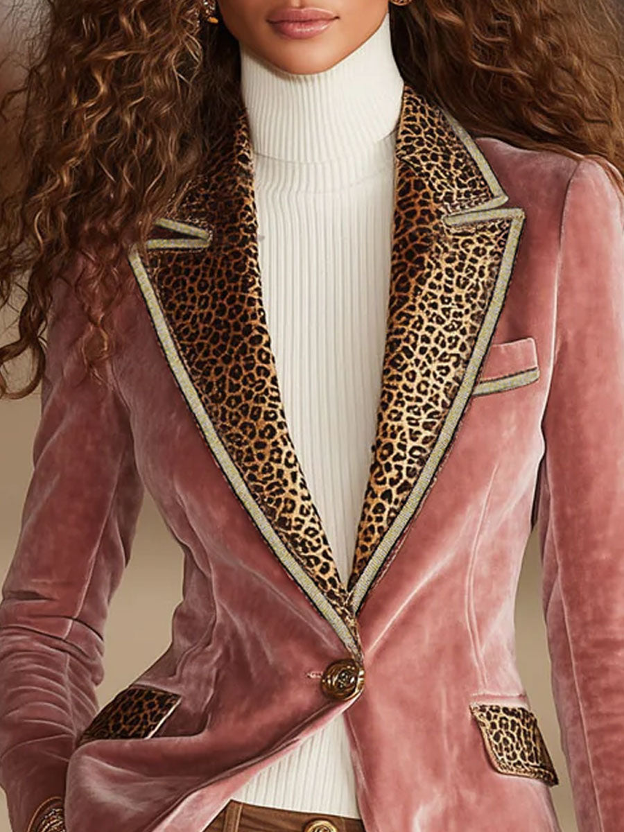 Dames Fluwelen Blazer met Luipaardprint en Eén Knoop – Roze