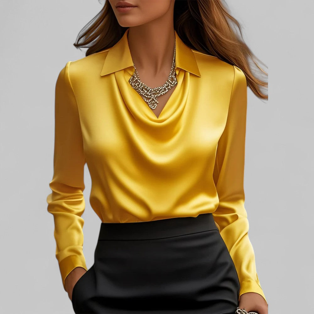 Isla Blouse met Gedrapeerde Hals – Dames Blouse met Lange Mouwen