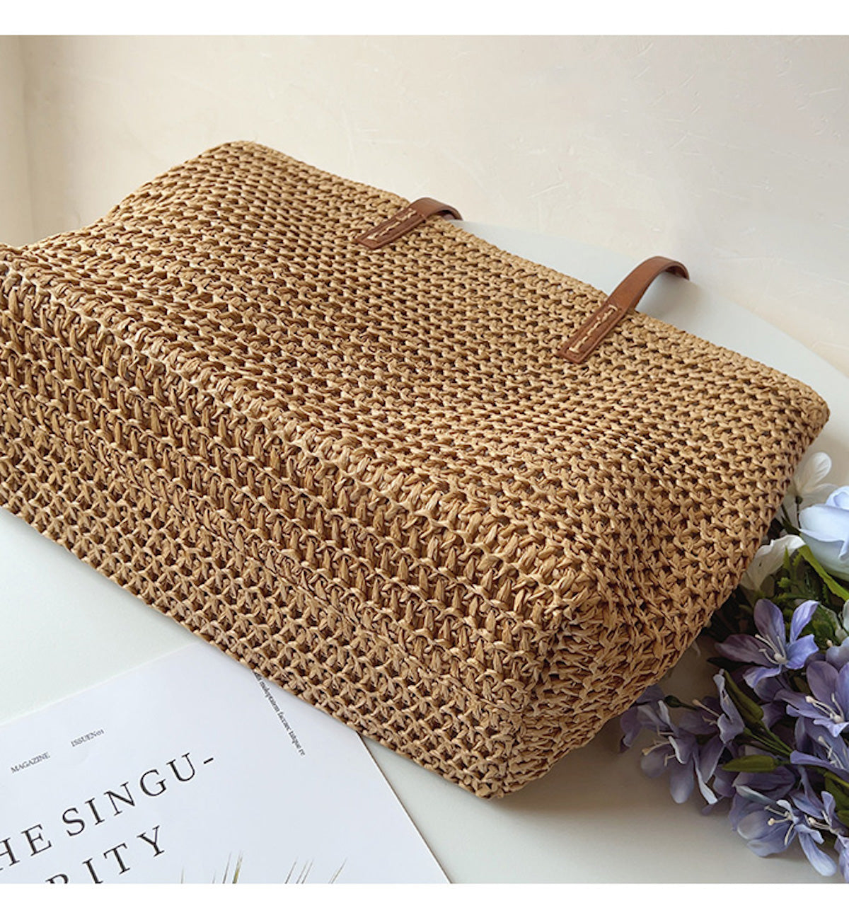 Leren Tote Tas Riet Geweven Zomerse Shopper