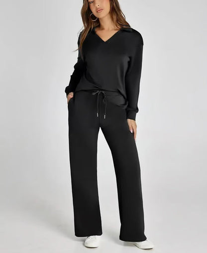 Dames Tweedelige Set met V-Hals Sweatshirt en Wijde Broek – Comfortabel & Stijlvol – Voor Herfst/Winter