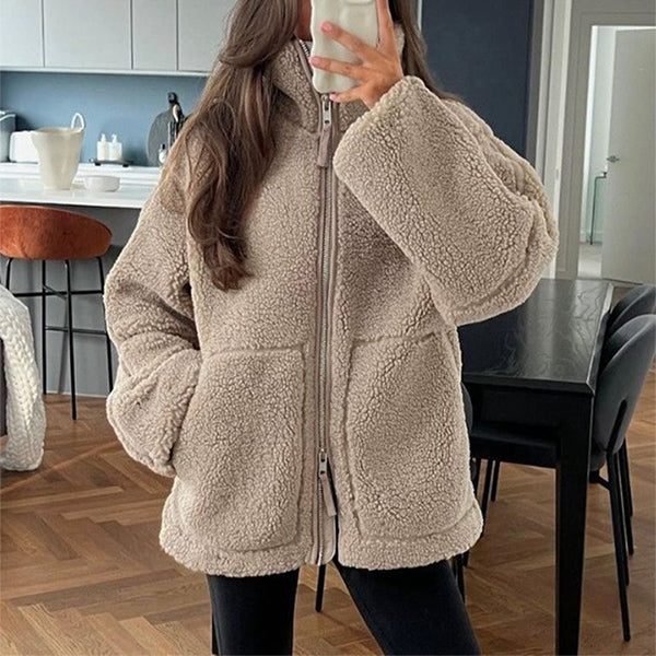 Dames Fleece Jas Warm en Stijlvol met Hoge Kraag en Zakken