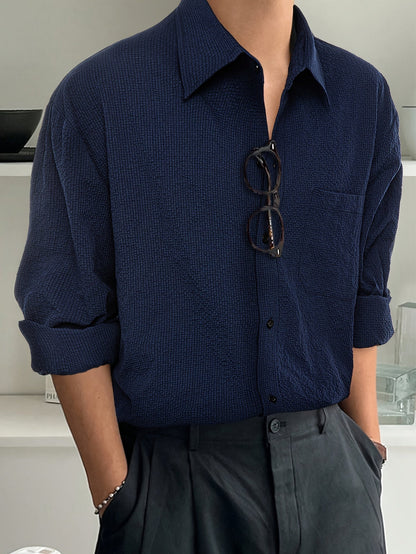 Heren Overhemd Donkerblauw met Borstzak Casual