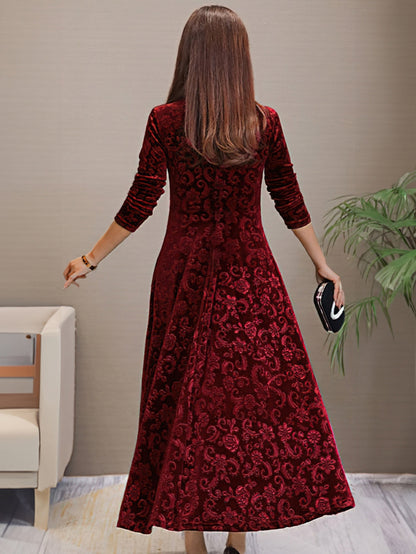 Elegante Grote Maten Herfstjurk met Bloemenprint – Fluweel & Katoen