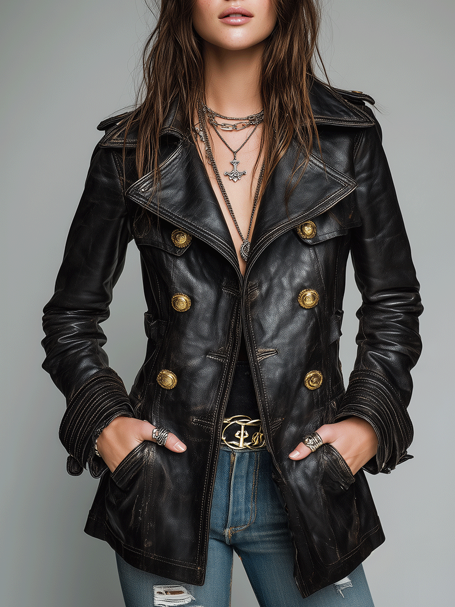 Dames Double-Breasted Imitatie Leren Jas – Vintage Stijl