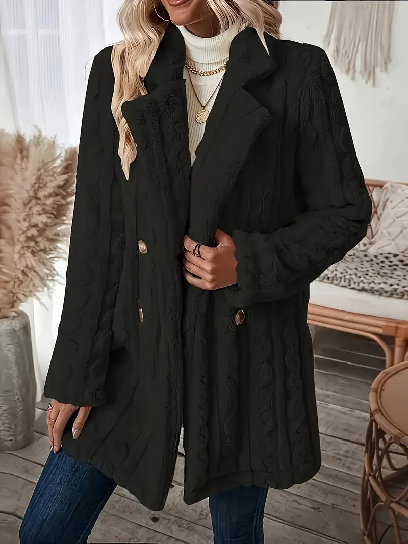 Ceretta - Double-breasted jas met pluizige revers → Ceretta Donkere Jas met Pluizige Revers Warm en Stijlvol