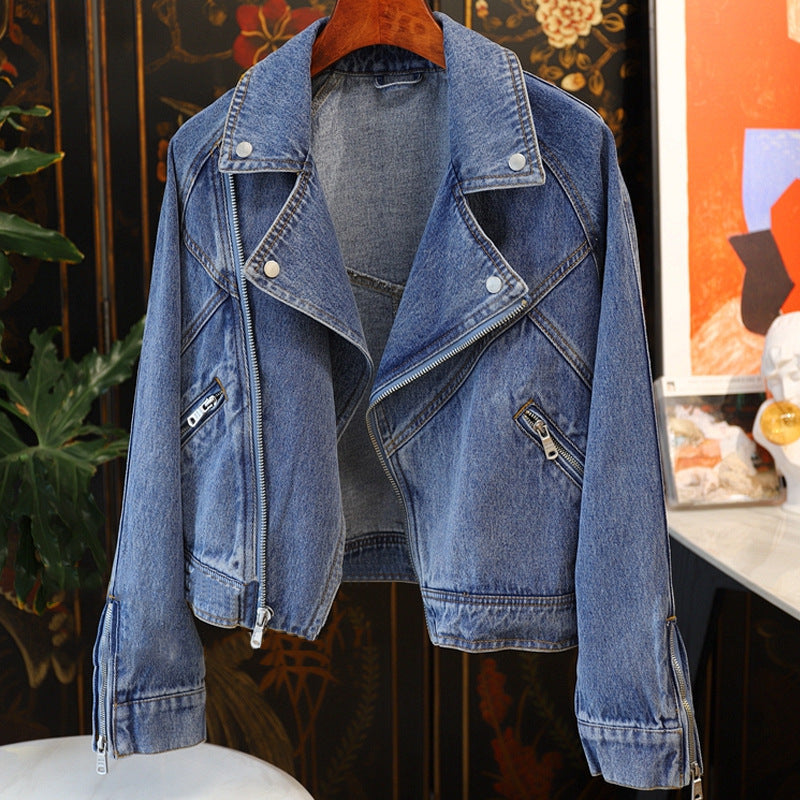 Dames Bikerjas Denim Streetwear Stijl Met Ritsen
