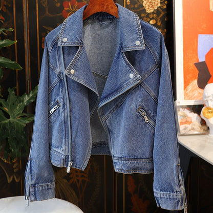 Dames Bikerjas Denim Streetwear Stijl Met Ritsen
