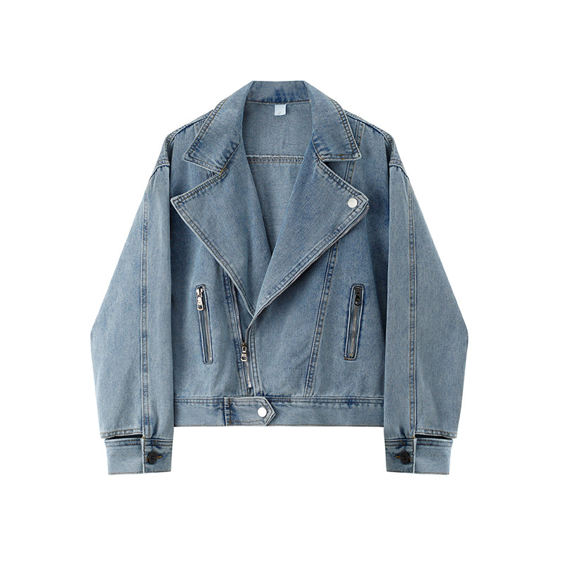 Dames Biker Jacket Kort Denim Model met Grote Kraag