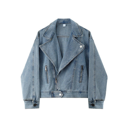 Dames Biker Jacket Kort Denim Model met Grote Kraag
