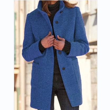Dames Wollen Jas Elegante Opstaande Kraag Met Knopen