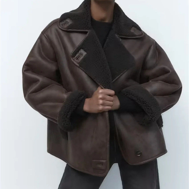 Dames Faux Leren Pilotenjas Oversized met Teddy Voering en Zakken