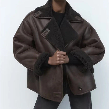 Dames Faux Leren Pilotenjas Oversized met Teddy Voering en Zakken