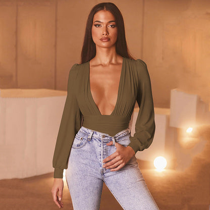 Dames Bodysuit Lange Mouwen Diepe V-hals Zwart Elegant