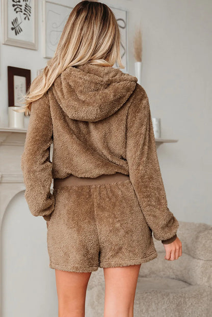 Dames Teddy Lounge Set Warm en Zacht met Hoodie en Shorts