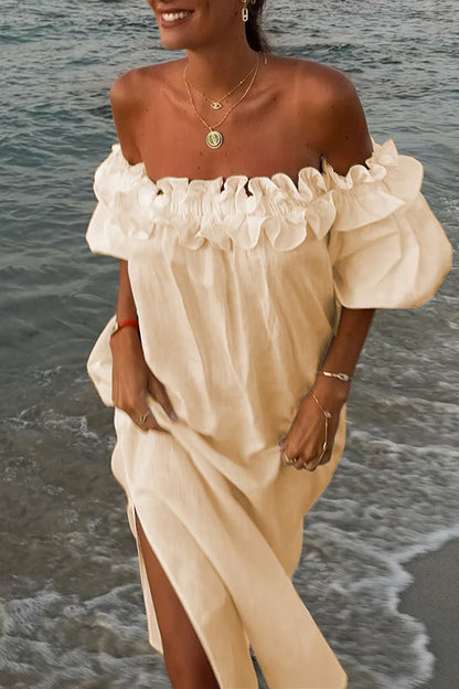 Mooie Jurk Off-the-shoulder Ruches en Pofmouwen Met Zakken - Mode Vibes
