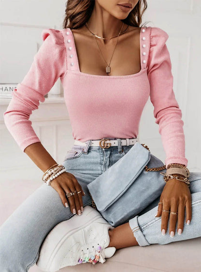 Dames Top met Vierkante Hals en Sierknopen Trendy Kleding