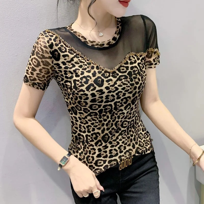 Zomer Luipaard Mesh T-Shirt voor Vrouwen