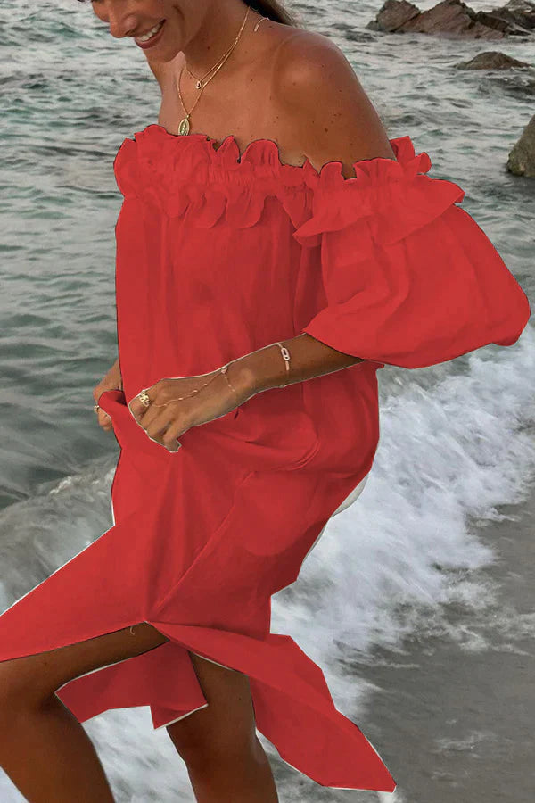 Linnen Jurk Off-the-Shoulder met Ruches Zomerjurk