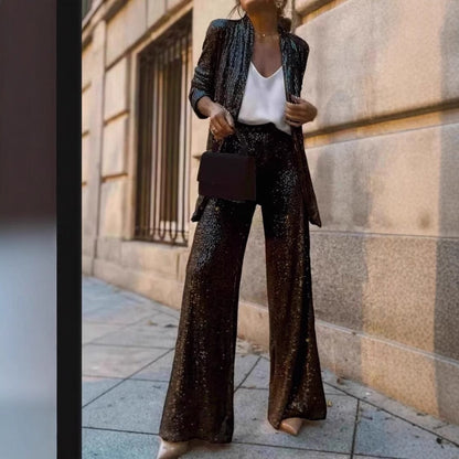 Dames Pailletten Set Feestelijk Tweedelig met Wijde Broek en Blazer