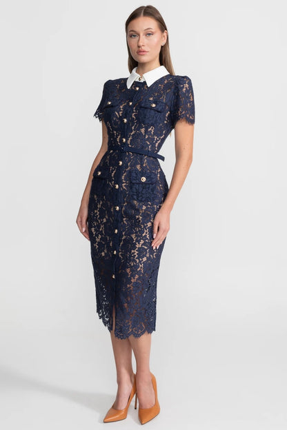 Dames Midi Jurk van Bloemenkant met Kraag en Tailleceintuur – Marineblauw